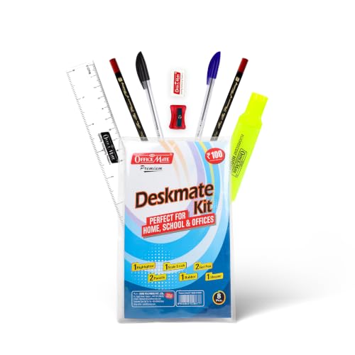 Image of Soni OfficeMate Deskmate Kit | Includes 2 Gel Pens, 2 Pencils, 1 Highlighter, 1 Eraser, 1 Sharpener, 1 Scale (6-Inch) | Assorted Stationery Items | Essential Stationery Kit | Combination Set of 8