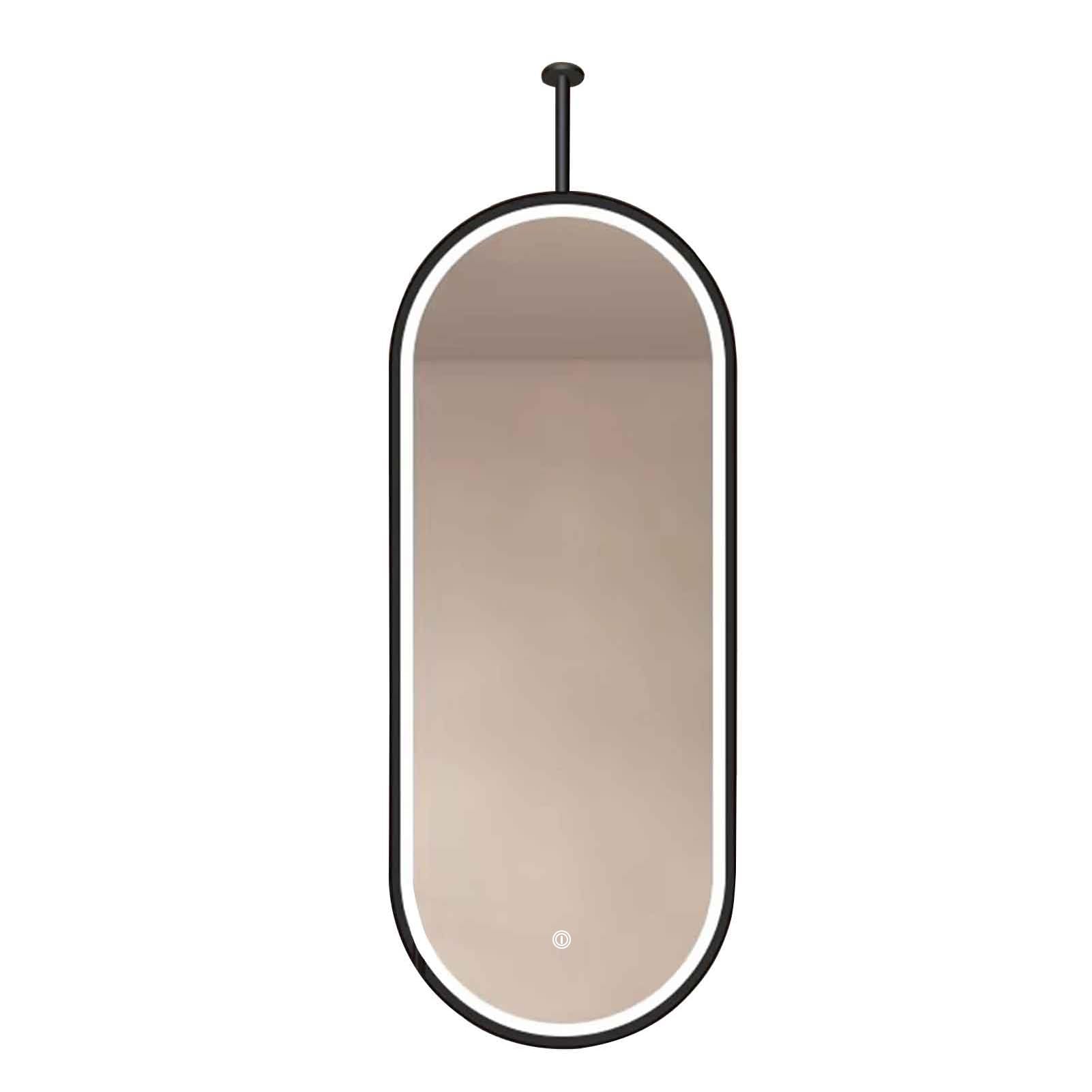 FGXHHS LED Illuminated Mirror Ceiling Mounted Bathroom Oval Vanity Makeup Shaving Mirrors Black Metal Frame Floating Mirror(60cmx100cm)