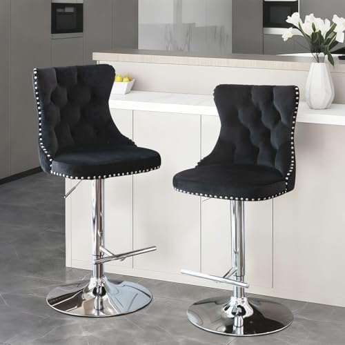 Set de 4 Butacos Giratorios de Barra de Terciopelo de 33" con Respaldo, Altura Ajustable, Sillas Modernas Tapizadas con Patas Plateadas para Isla de Cocina, Barra y Comedor (Negro y Patas Plateadas) miniatura 5