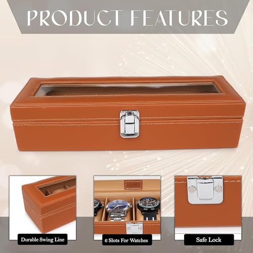 Image of LEDO Watch Box Organizer, 6 Slot Storage Case with Clear Transparent Top, Tan PU Leather with Cream Velvet Interior, Metal Clip Lock, Rectangular