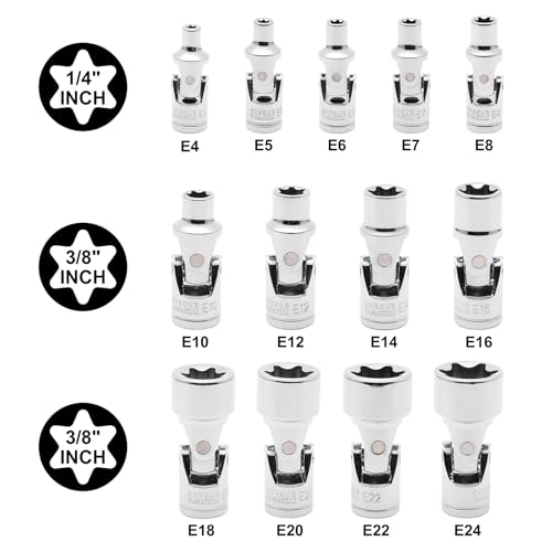 EMENTOL 13-Piece Universal Joint Star Socket Set, 3/8" (E4-E8) & 1/4"(E10-E24) Drive U-joint E Sockets, CR-V Steel by EMENTOL - Image 2