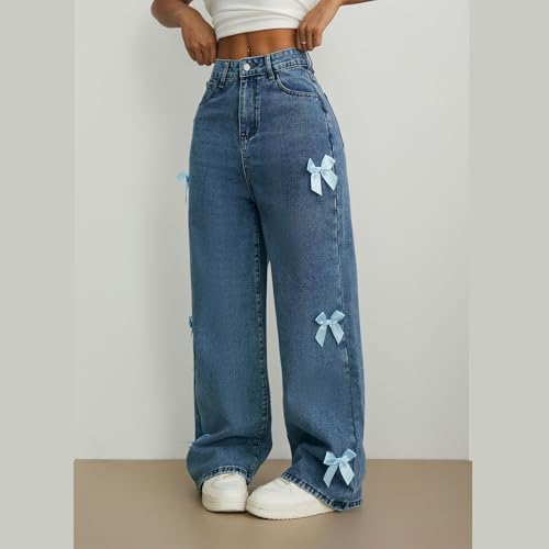 Oplxuo Jeans for Women Teen Girls Cute 3D Bows Denim Pants Y2K High Waisted Straight Leg Baggy Jeans Casual Preppy Clothes4