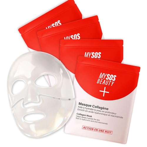 Pack de 4 Masques Bio-Collagène My SOS Beauty - 4 x 40g Masques Hydrogel Visage Glass Skin au Collagène Marin & Acide Hyaluronique Hautement Concentrés - Hydratation Intense, Resserre les pores