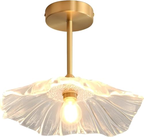 Lustre doré moderne en verre avec abat-jour feuilles élégant