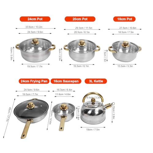 TOPINCN Frying Pan Saucepan Pot Set, Stainless Steel Cookware Set, Multifunctional Pots and Pans Set Kitchen Set Cookware Sets, Stainless Steel Skillets (Gold Handle with Kettle) - Image 2