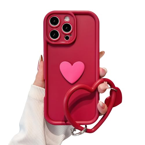 Coque iPhone 11 cœur 3D rouge antichoc avec protection caméra et cordon poignet