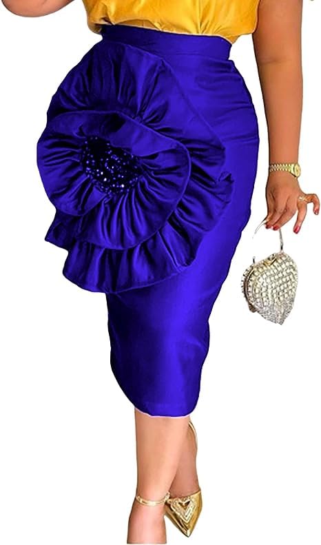 ONTINVA Stylish Women Black Bodycon Midi Skirt with Big Flower Sequins High Waist Fitted Skirts Party Club