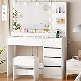 ANWBROAD 35.4' Vanity Desk with Mirror and Lights Makeup Vanity Table with Glass Top Power Outlet 5 Drawers 3 Storage Shelves Stool Small White Dressing Table 3 Color Modes for Bedroom Girls UBDT74W
