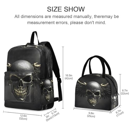 Backpack Lunch Bag Set Dark Skull Wings Print, Big Storage Travel Backpacks with Insulated Lunch Box for Office Hiking Picnic2