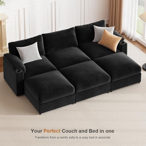 Image of Sectional Couches for Living Room FSC Certified Velvet Modular Couch Oversized Cloud U Shaped Convertible Sleeper Sofa Chaise Detachable Armrest Cushion (Chenille Black, U Shape 6 Seat)
