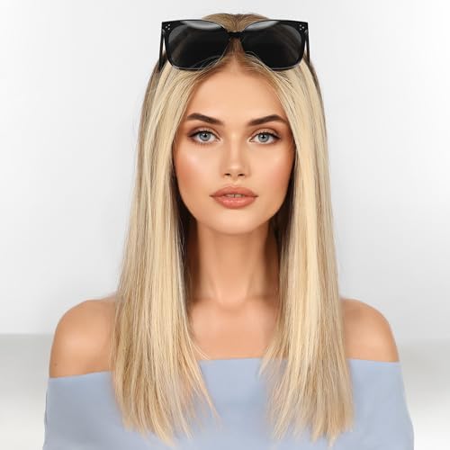 Image of KKU 16 Inch Ombre Blonde Brown Wig Human Hair,Human Hair Wigs for Women,5x5 Lace Front Wigs for women