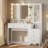 Tiptiper Makeup Vanity Desk with Mirror and Lights & Charging Station, White Vanity Table with 5 Storage Drawer & Glass Door & 3 Shelves for Bedroom, Modern White