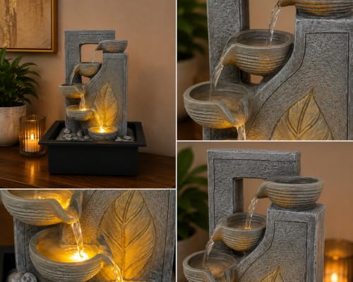 Image of CHRONIKLE Indoor Tabletop Water Fountain with Warm LED Light & Controller Pump|Golden Leaf Designer 4 Diya Step Cascade Polyresin Waterfall Fountain for Home, Meditation Decor | Silver | 40x29.5x22 CM
