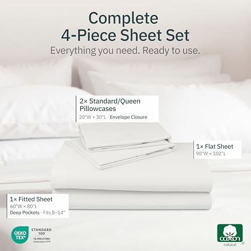 Image of Super Soft 100% Cotton Queen Size Bedsheets, 4 Pc Set, Ivory