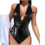 Glossy Swimsuits Deep V One Piece Swimwear for Women Bowknot Lace up Shiny Bathing Suit Sexy Tummy Control Monokini Black