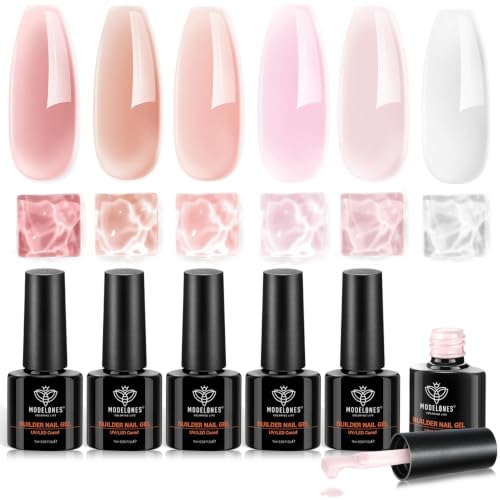 modelones Builder Nail Gel, Builder for Nails Jelly Nude Pink 6 Colors | Natural Starter Set Fall Hard Strengthener Rubber Base Gel Polish 8-in-One Extension LED Nail Lamp Cured