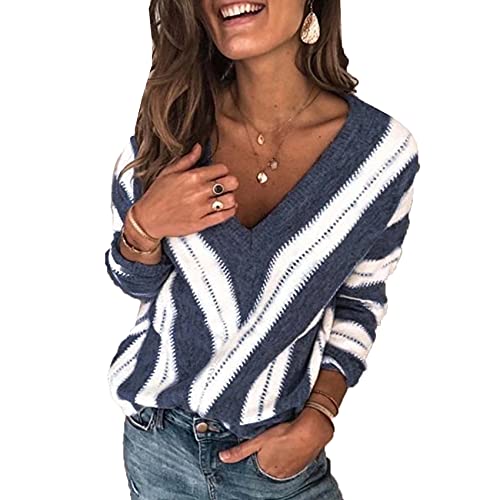 RWXXDSN OtoñO/Invierno SuéTer Moda con Cuello En V Rayas De Punto Casual SuéTer Todo Combinado Mujer