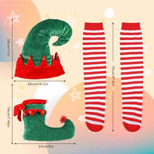 XIHIRCD Christmas Elf Costume Sets, Funny Jester Cosplay Outfit With Elf Hat, Long Striped Socks, Bell Shoes - Image 3