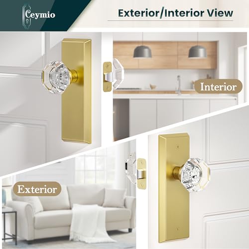 Image of Glass Door Knobs for Interior Doors - Vintage Crystal Passage Closet & Hallway Door Knob - Diamond Cut Door Handle - Brushed Bold Finish (1 Pack)