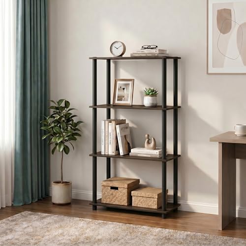 Furinno Turn-N-Tube Storage Shelves, 4-Tier Book Shelf, Corner Shelf, Toolless Open Shelves, for Organization and Storage, Living Room, Bedroom, Entryway, Laundry, Brown Walnut
