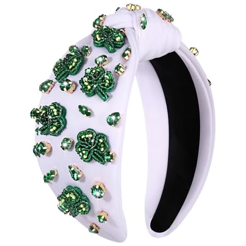 NVENF St.Patrick's Day Headband for Women Green Shamrock Knotted Headbands Rhinestone Crystal Lucky Leaf Embellished Wide Top Knot Headbands St.Patrick's Day Accessories Outfits Gifts (Shamrock 2) Cover