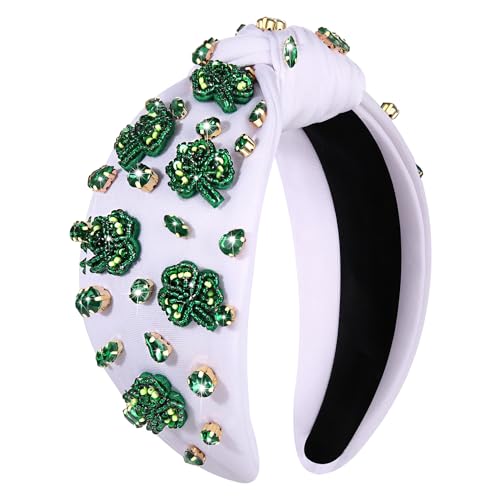 NVENF St.Patrick's Day Headband for Women Green Shamrock Knotted Headbands Rhinestone Crystal Lucky Leaf Embellished Wide Top Knot Headbands St.Patrick's Day Accessories Outfits Gifts (Shamrock 2)