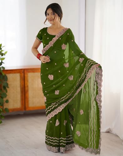 Image of SIRIL Women's Chiffon Scalloped Border Sequins Embroidery Saree with Unstitched Blouse Piece