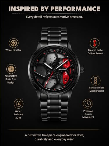 Image of V2A Men's Analog Automotive Inspired Wheel Rim Design Wrist Watch | Stainless Steel Bracelet| Quartz Movement | 30M Water Resistant | Premium Black Metal Strap Watch for Men | Casual & Formal