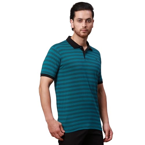 Image of Park Avenue Men's Cotton Polyester Blend Stripe Pattern Slim Fit Rib Collar Polo Neck Half Sleeve Casual T-Shirt