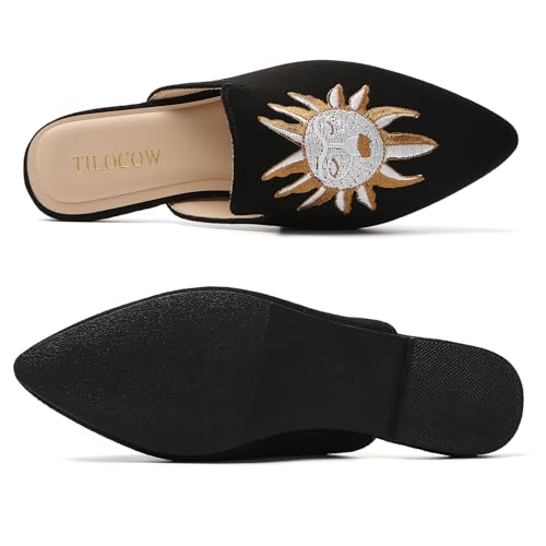 Image of Tilocow Women's Pointed Toe Flat Mules Backless Slip On Loafers