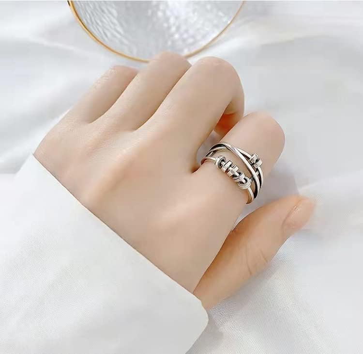 Miniatura 6 de LETINE Anillos para la ansiedad para mujeres y hombres, anillo de ansiedad de plata de ley con cuentas, anillo giratorio unisex ajustable