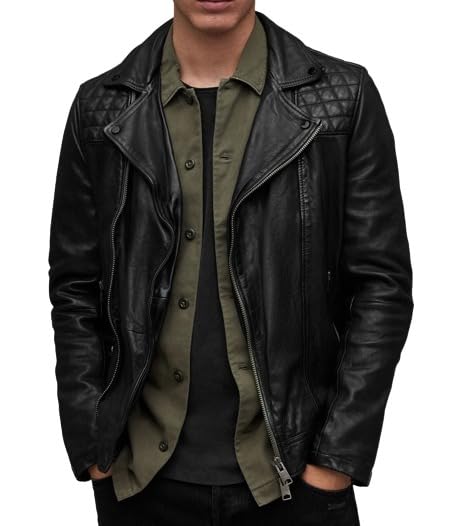 Men’s Black Padded Sleeves Leather Jacket lapel Collar Biker Winter Wear Black Real Leather Jacket for Mens