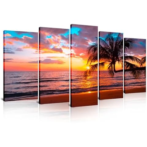 SATINO 5 Pieces Modern Large Canvas Coastal Wall Art Silhouette of Palm Trees Beautiful Sunset on Tropical Sea Beach Pictures Paintings for Living Room Bathroom Bedroom Home Office Wall Decor Cover