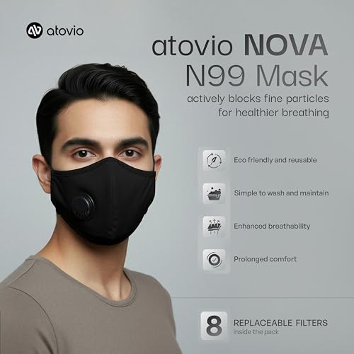 Image of atovio Nova N99 Anti-Pollution Face Mask with 8 Replaceable Carbon Filters for Kids, Washable & Reusable Respirator Mask with Breathable Air Valve for Children|6 Layer Filtration