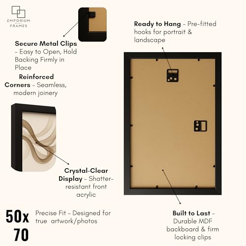 EMPORIUM RETAIL FRAMES Black 50X70cm Picture Frame - 500x700mm Black Poster Frame Wood, Styrene Acrylic Glass, MDF Back & Hooks - Portrait or Landscape Ideal for Gallery Wall Decorations - Image 3