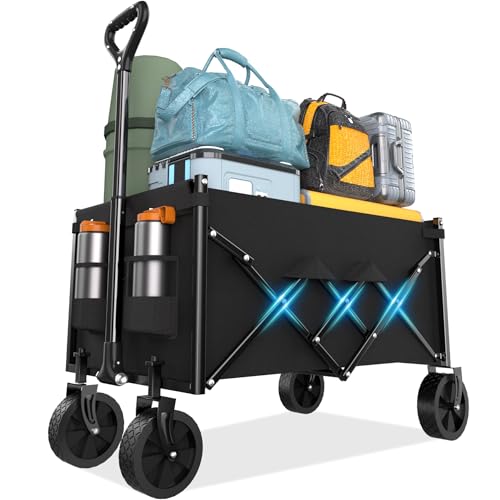 Lightweight Folding Wagon, Large Capacity Collapsible Grocery Cart on Big Wheels, Heavy Duty Foldable Shopping Carts, All-Terrain Outdoor Utility Carts for Camping, Sports, Garden, Beach, 3.5 Cu Ft