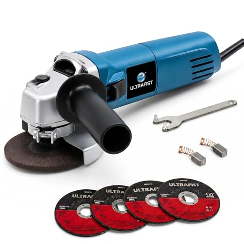 Image of Ultra Fist Silver 850W Angle Grinder 100mm /4 Inch, 11000 RPM Electric Hand Grinder with Metal Gear Housing, Spindle Lock, Auxiliary Side Handle, Spanner, Carbon Brushes & Cutting /Grinding Wheels