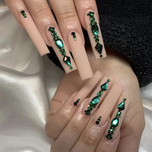 Miniatura 5 de HNUIX - Diamantes de uñas de 3D con múltiples formas y tamaños, gemas de uñas verde esmeralda, con respaldo plano, con kit, para arte de uñas,