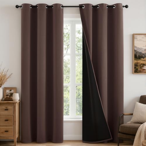 Image of MIULEE Dark Brown 100% Blackout Curtains for Bedroom 40x84 Inch 2 Panels | 2 Thick Layers Thermal Insulated Window Curtains with Black Liner, Noise Reducing Grommet, Drapes for Living Room