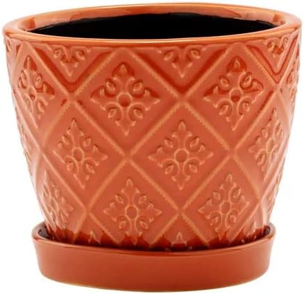 Napco Stamped Crusade Design - Maceta de cerámica con platillo (4,25 x 4,75 pulgadas), color naranja quemado
