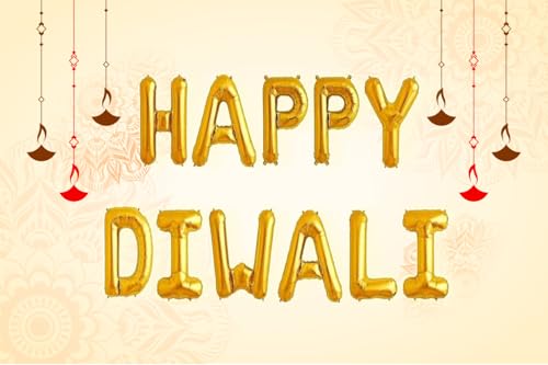 Image of AMFIN (Pack of 48) Happy Diwali Diya Shape Foil Balloon with Chrome Balloons - Multi