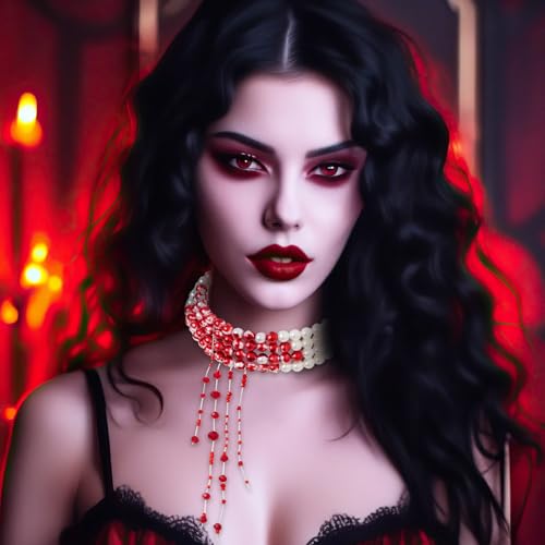 Blutige Perlenkette Damen Accessoires mit Verstellbarer Blut Halskette, Perlenkette Blut mit Quasten, Blutketten für Karneval Fasching Kostüm Party