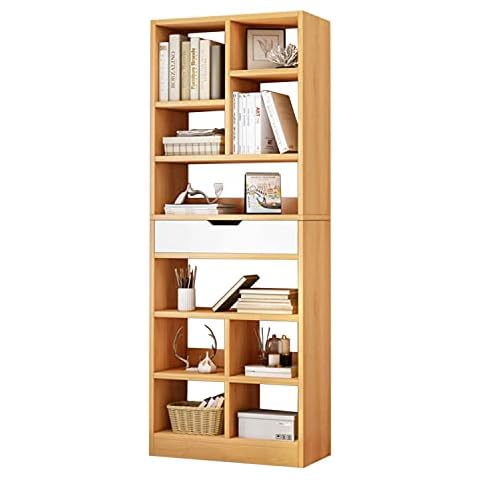 IOTXY Wooden Open Shelf Bookcase - 71 Inches Tall Freestanding Display Storage Cabinet Organizer with 10 Cubes and a Drawer, Floor Standing Bookshelf in Maple Yellow Cover