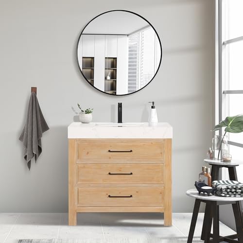 Vinnova Leon 36' Bathroom Vanity in Fir Wood Brown with Composite top in Lightning White