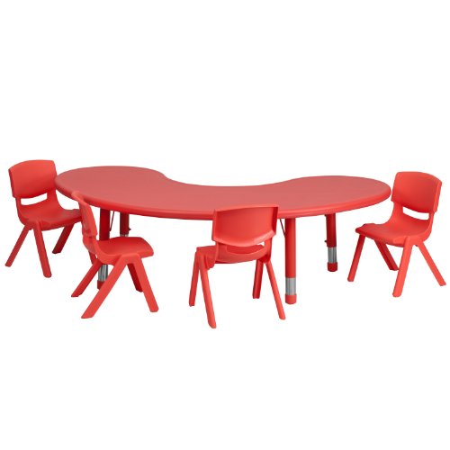 Flash Furniture 35''W x 65''L Half-Moon Red Plastic Height Adjustable Activity Table Set with 4 Chairs