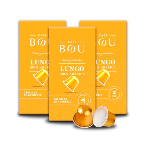 Café BOU - Capsulas de Café Lungo 100% Arábica | Intensidad baja | Cápsulas Compatibles con Máquinas Nespresso I Café con aromas Florales | Tueste Alto | 3 cajas x 10 cápsulas (30 cápsulas)