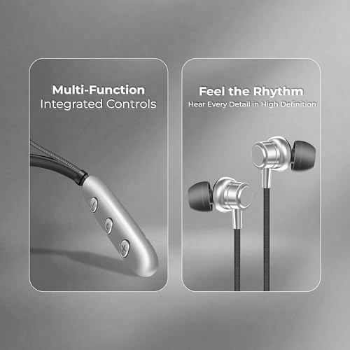 Image of Bluetooth Neckband Earphones, Bluetooth V5.4, 25+ Hours Playtime, C-Type Fast Charging Port, Multi-Function Integrated Controls, Silver