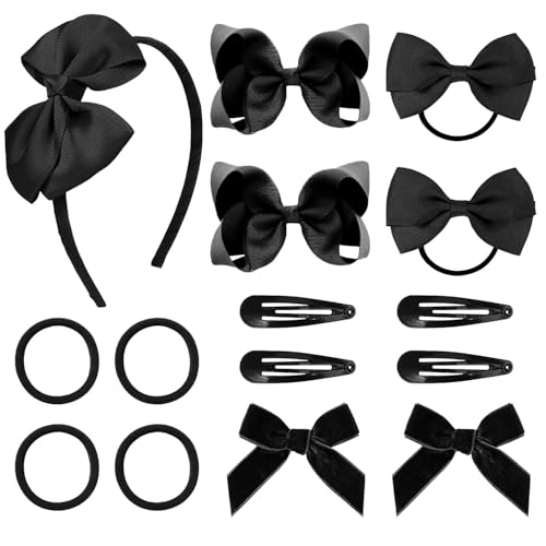 Lot de 15 accessoires cheveux noirs pour filles, serre-tête ruban, barrettes, élastiques, pour enfants, adolescentes et tout-petits