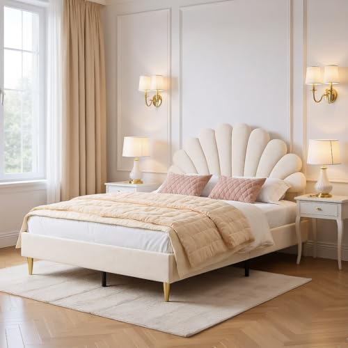 Vadderad säng 140 x 200 för barn, dubbelsäng med sammet 140 x 200, barnsängar med kronbladsformad sänggavel, sängbotten med träribbor, säng för tonåringar (beige-1, 140 x 200 cm)