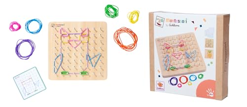 Eichhorn – Montessori – Geometriebrett mit 64 Nägeln und 30 farbigen Gummis, fantasievolles befestigen oder mit 48 Aufgabenkarten Motive nachbilden, 18x18cm, aus 100% FSC zertifiziertem Holz, ab 4 J+